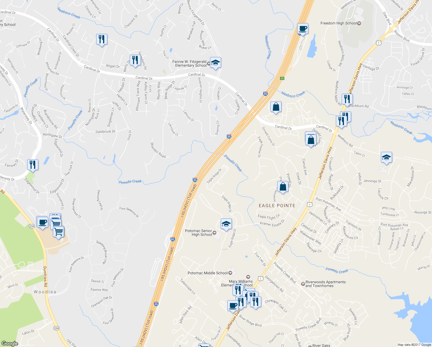 map of restaurants, bars, coffee shops, grocery stores, and more near 3499 Eagle Ridge Drive in Woodbridge