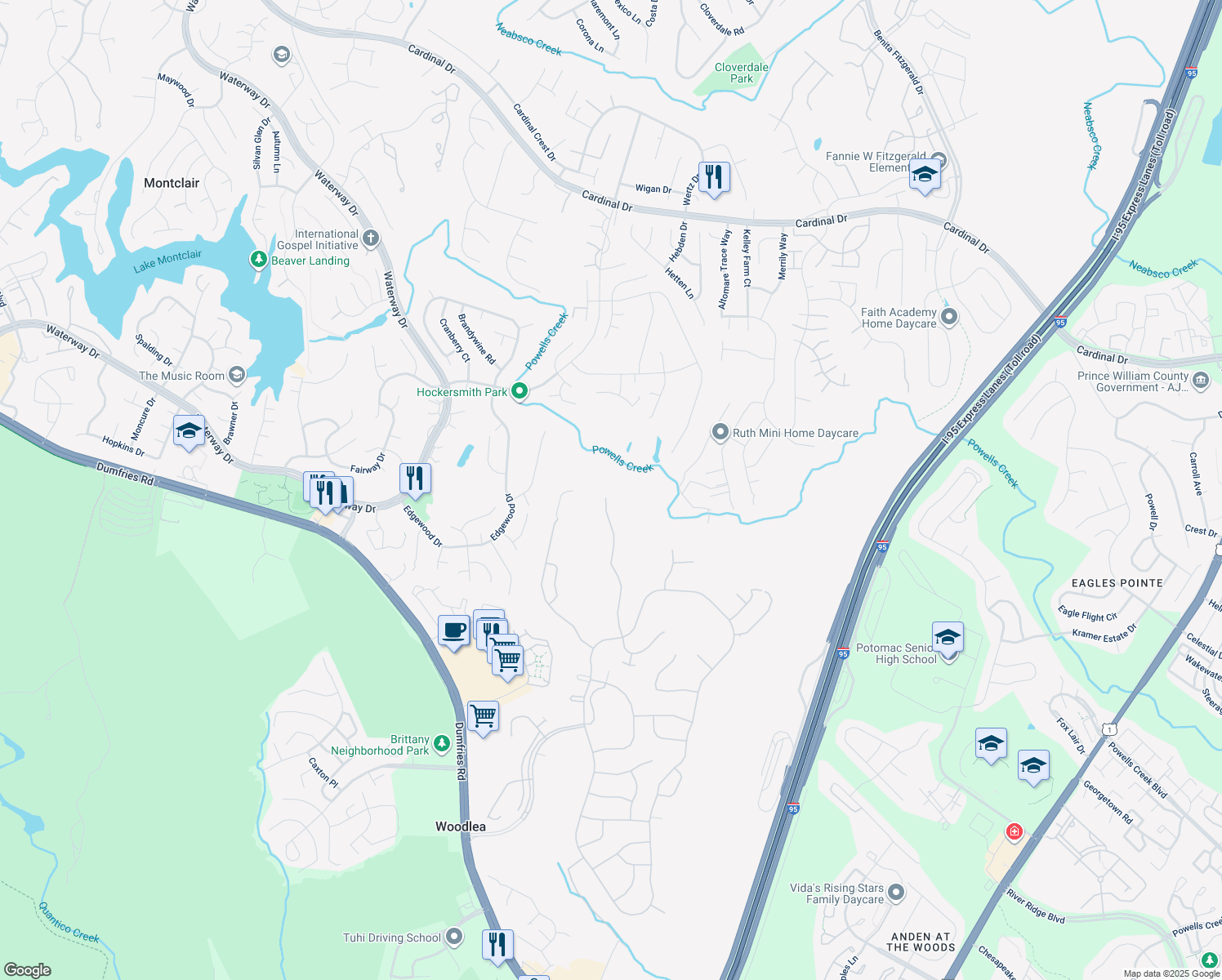 map of restaurants, bars, coffee shops, grocery stores, and more near 16003 Dancing Leaf Pl in Dumfries