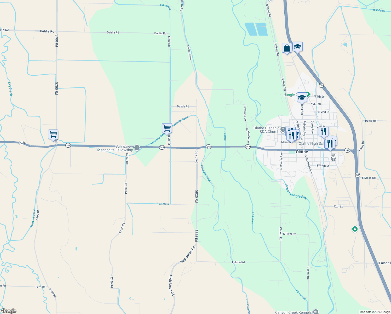 map of restaurants, bars, coffee shops, grocery stores, and more near 6073 5825 Road in Olathe