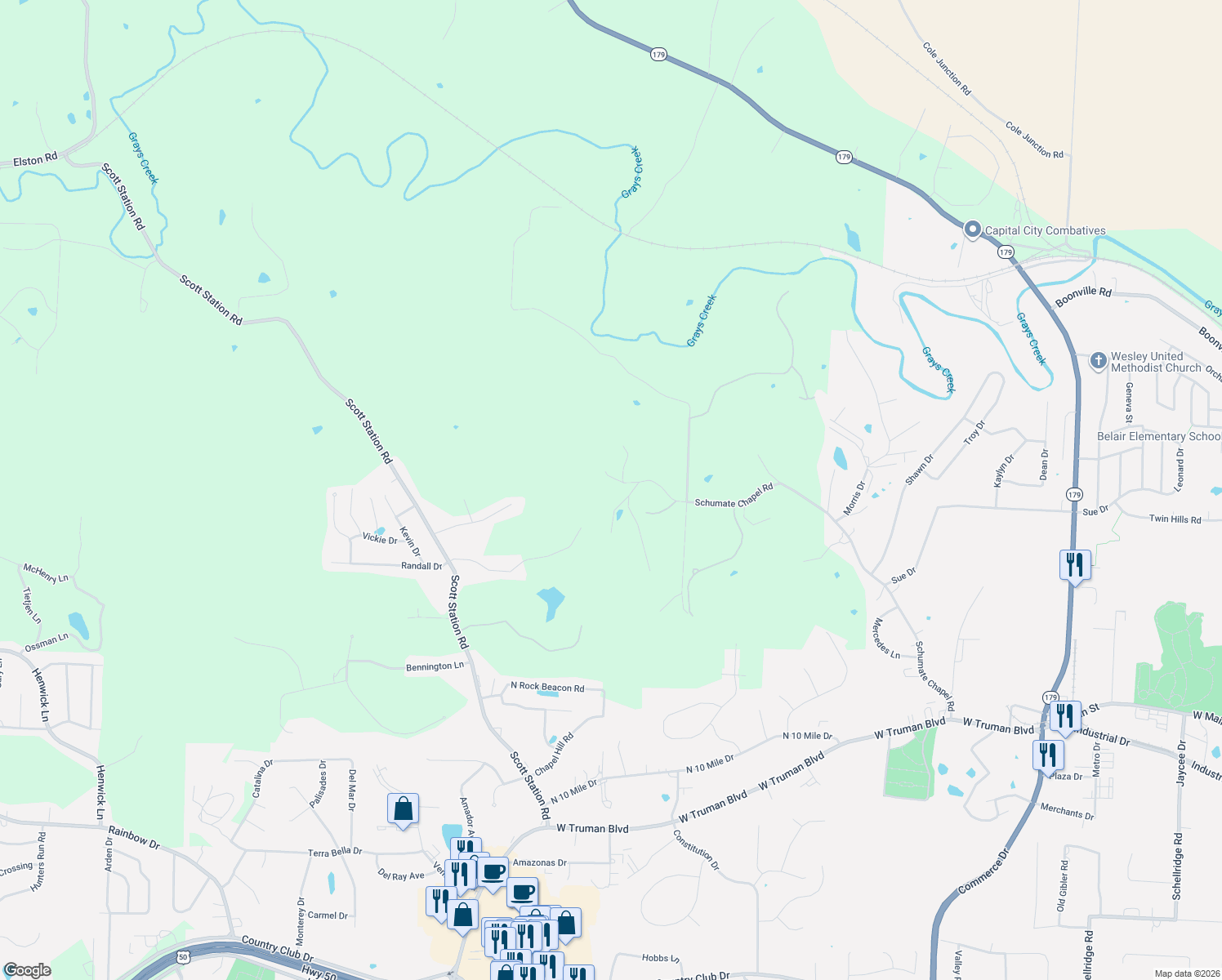 map of restaurants, bars, coffee shops, grocery stores, and more near 709 Luper Ln in Jefferson City
