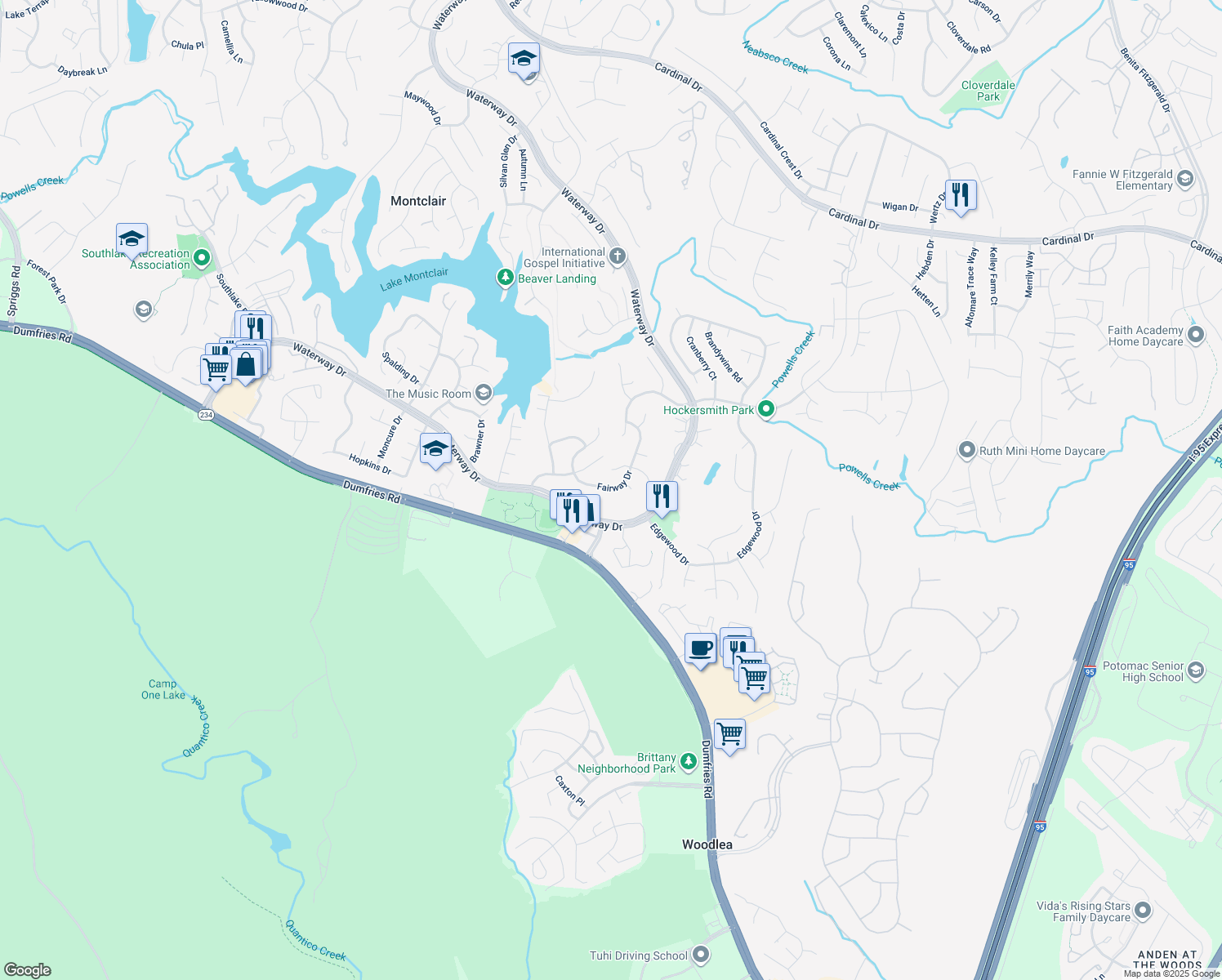 map of restaurants, bars, coffee shops, grocery stores, and more near 16017 Fairway Dr in Dumfries