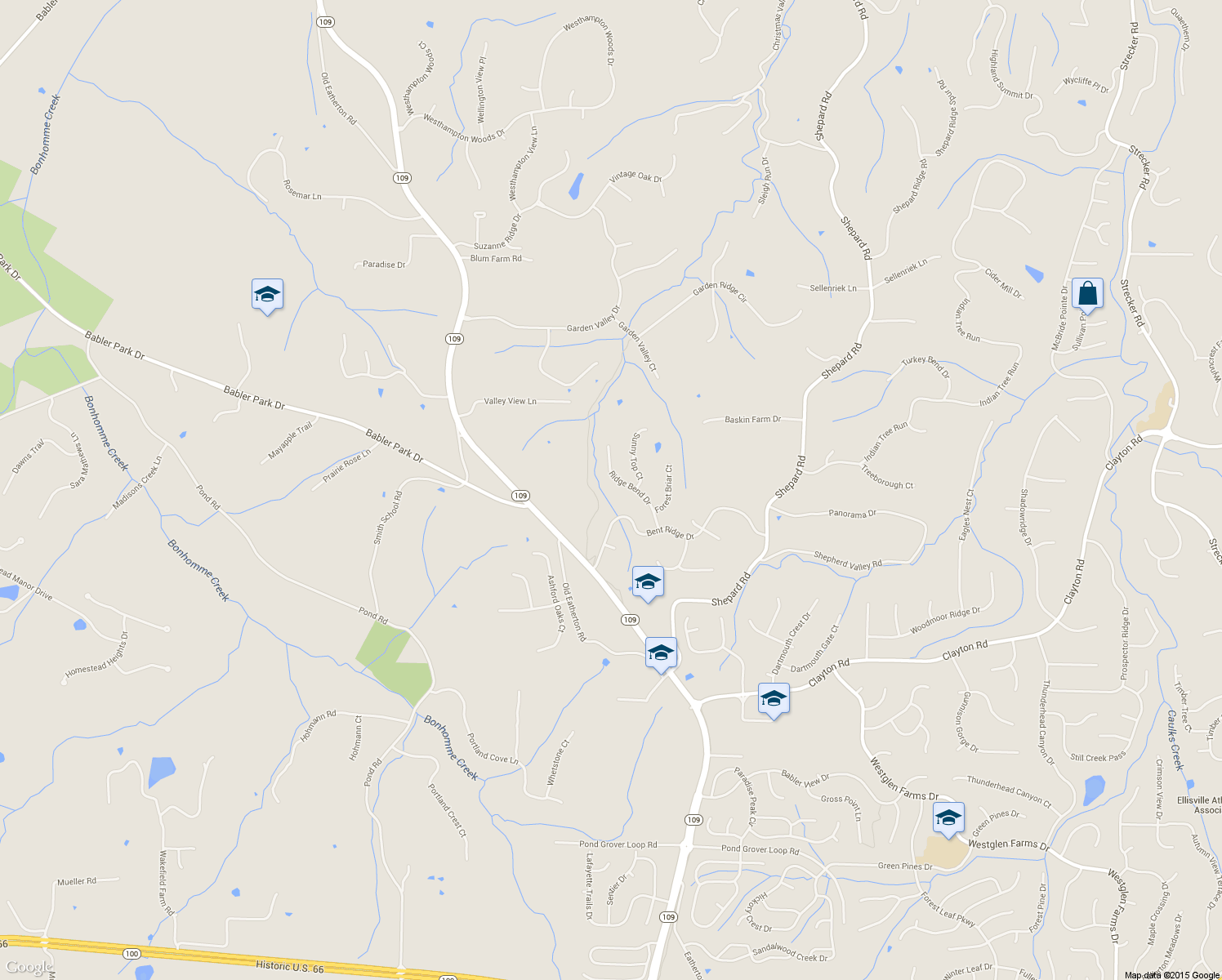 map of restaurants, bars, coffee shops, grocery stores, and more near 1602 Ridge Bend Dr in Wildwood