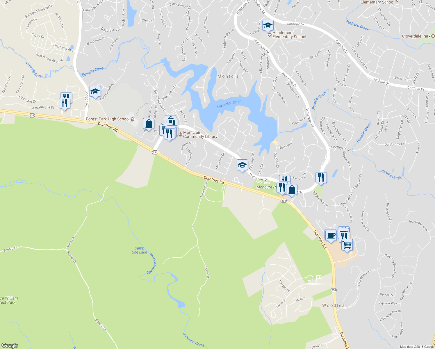 map of restaurants, bars, coffee shops, grocery stores, and more near 4707 Hopkins Drive in Dumfries