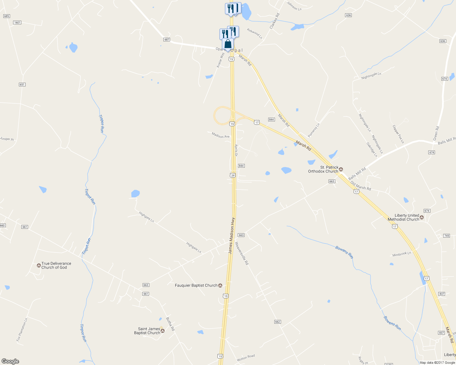 map of restaurants, bars, coffee shops, grocery stores, and more near 10352 James Madison Highway in Bealeton