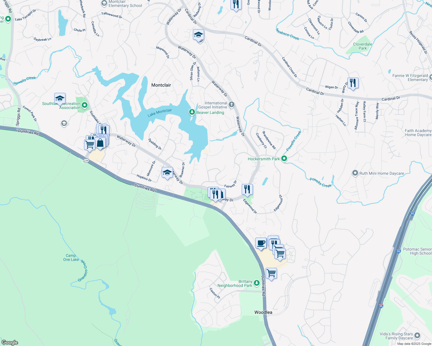 map of restaurants, bars, coffee shops, grocery stores, and more near 16041 Fairway Drive in Dumfries