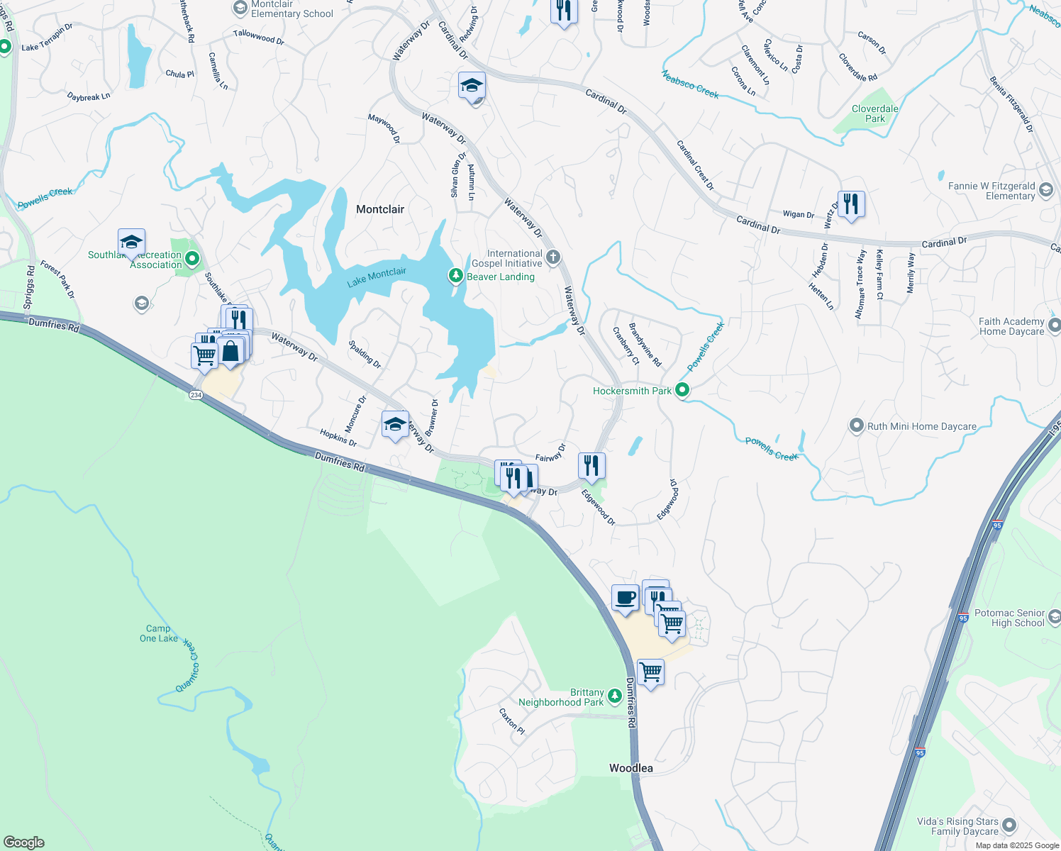 map of restaurants, bars, coffee shops, grocery stores, and more near 16042 Fairway Drive in Dumfries