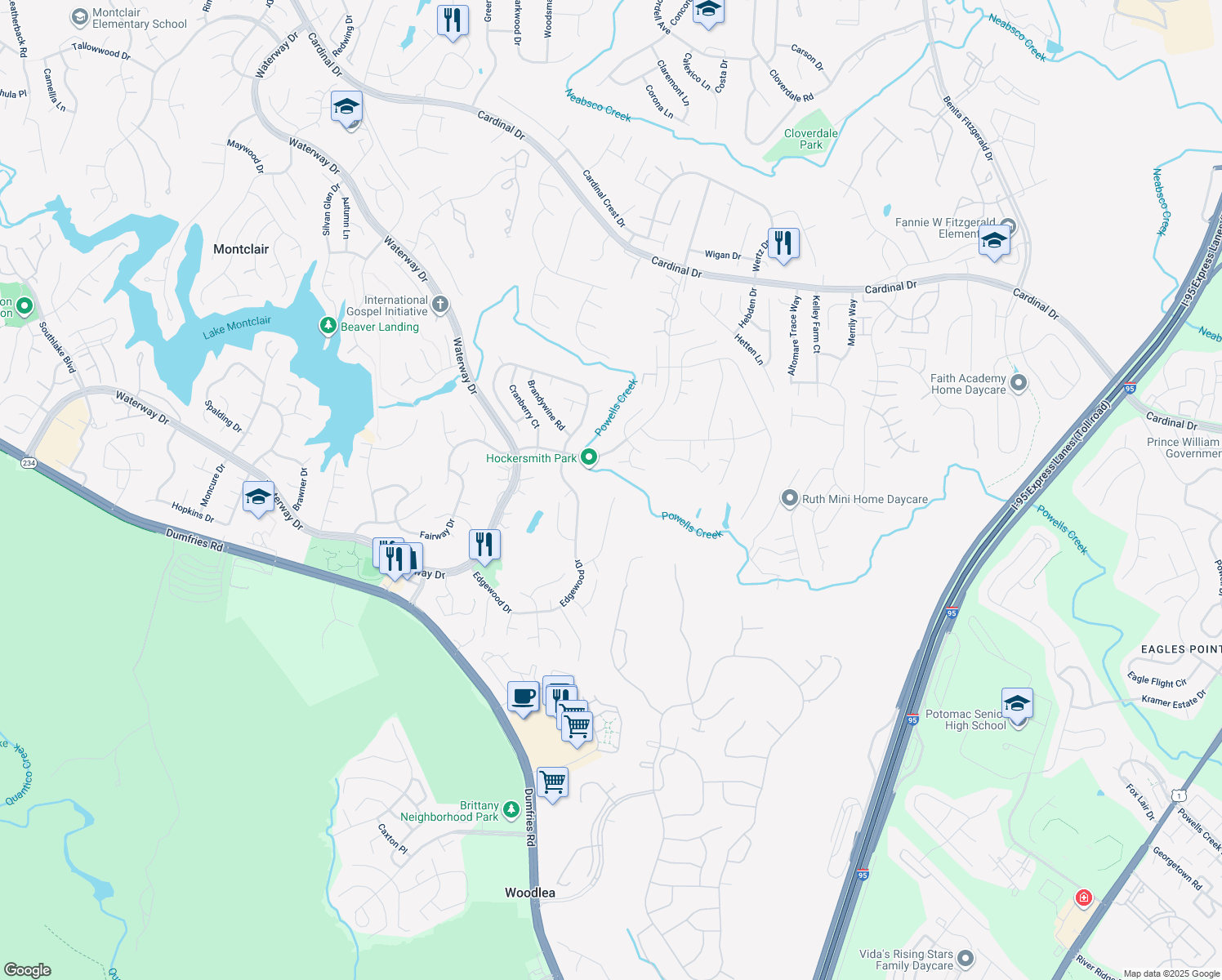 map of restaurants, bars, coffee shops, grocery stores, and more near 16070 Deer Park Drive in Dumfries
