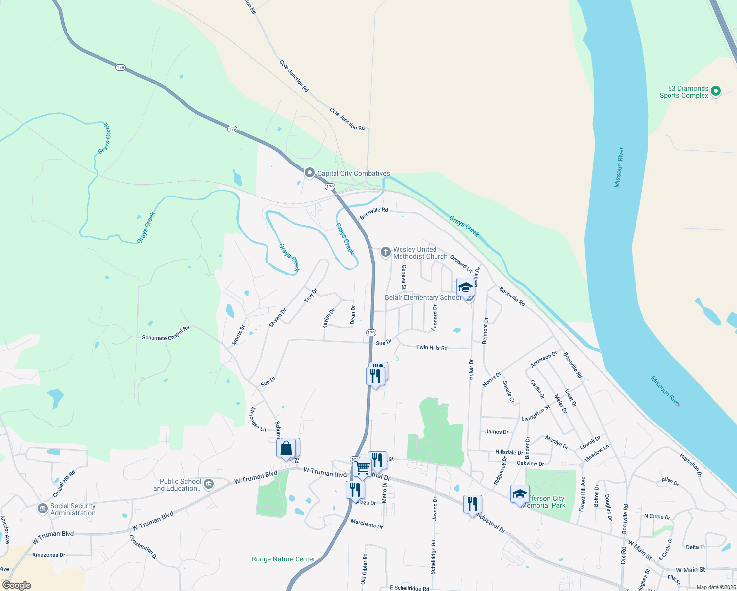 map of restaurants, bars, coffee shops, grocery stores, and more near 820 Rock Hill Ct in Jefferson City