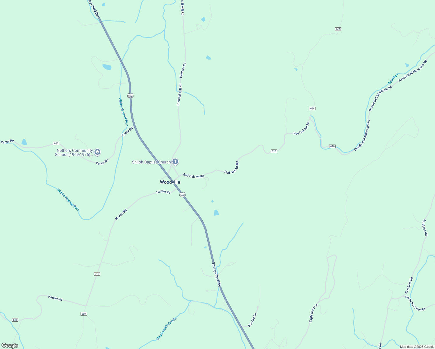 map of restaurants, bars, coffee shops, grocery stores, and more near 82 Red Oak Mountain Road in Woodville