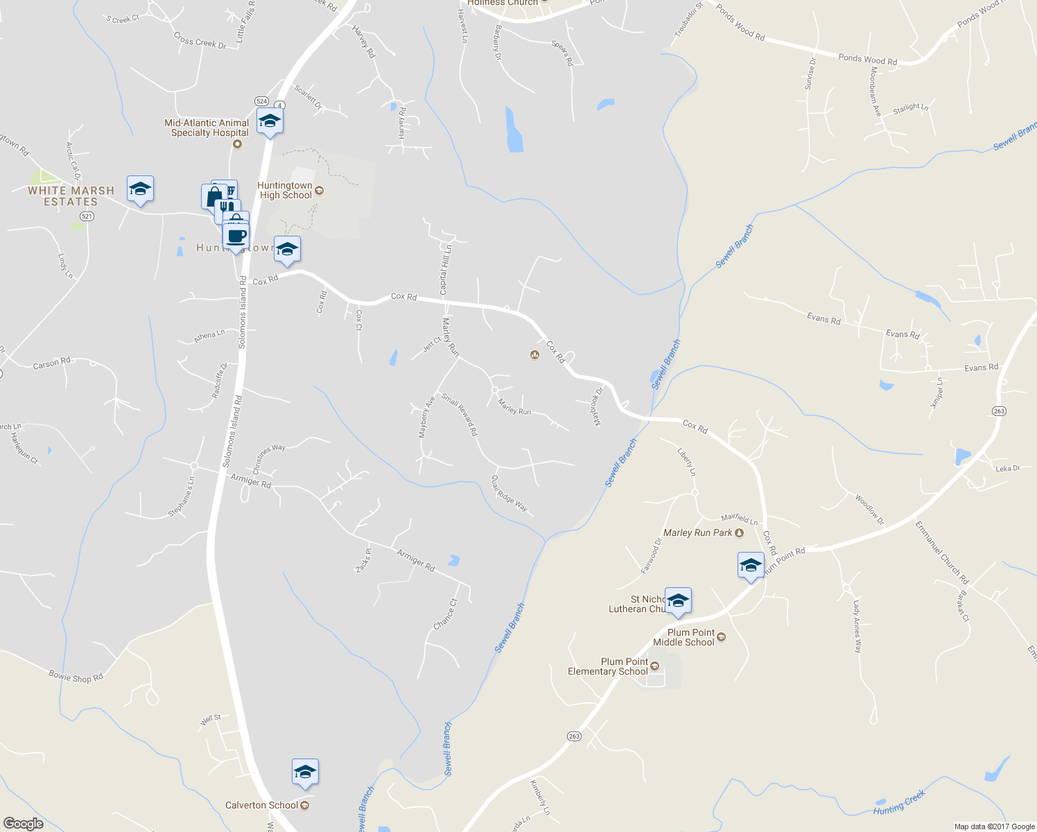 map of restaurants, bars, coffee shops, grocery stores, and more near 575 Marley Run in Huntingtown
