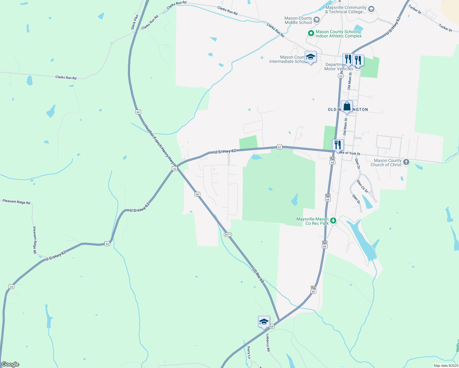 map of restaurants, bars, coffee shops, grocery stores, and more near 803 Oak Fairway Court in Maysville
