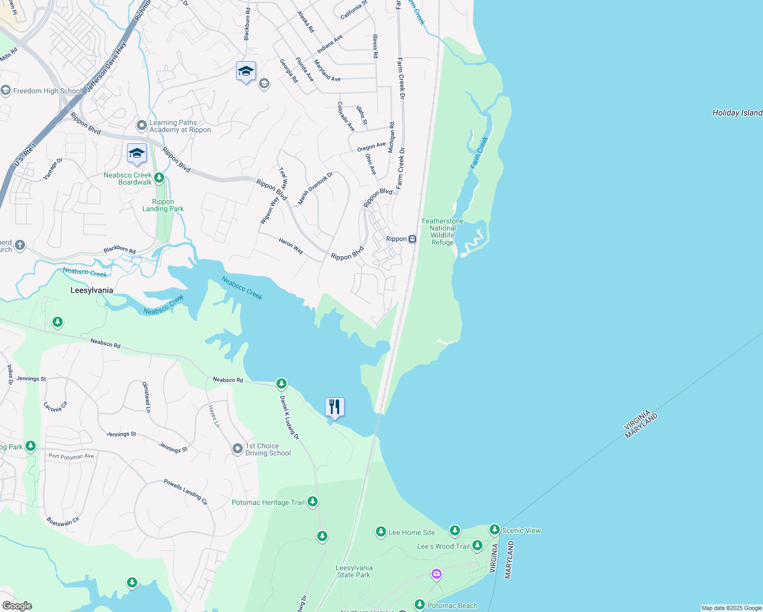 map of restaurants, bars, coffee shops, grocery stores, and more near 15822 Bobolink Drive in Woodbridge