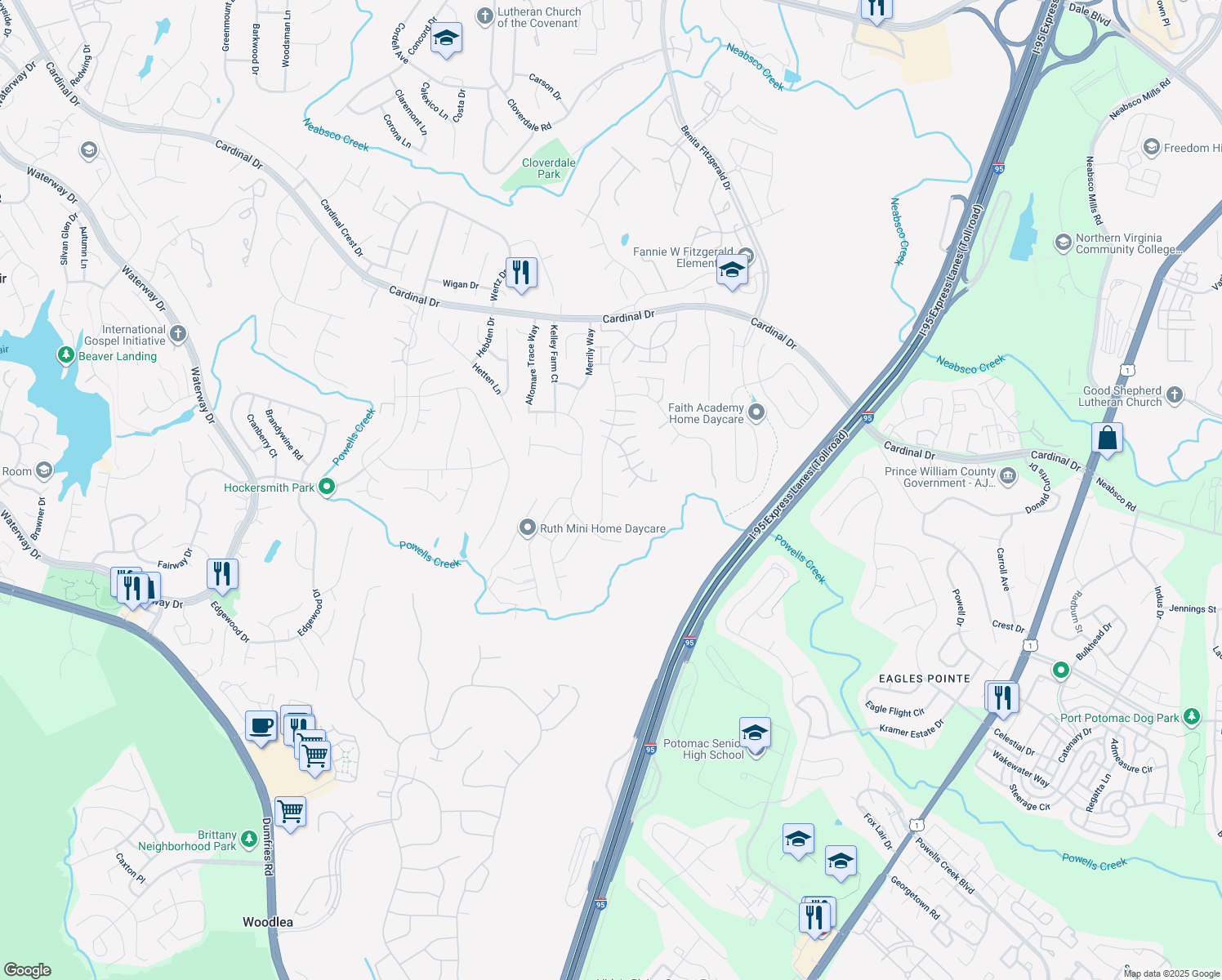 map of restaurants, bars, coffee shops, grocery stores, and more near 15811 Beau Ridge Dr in Woodbridge