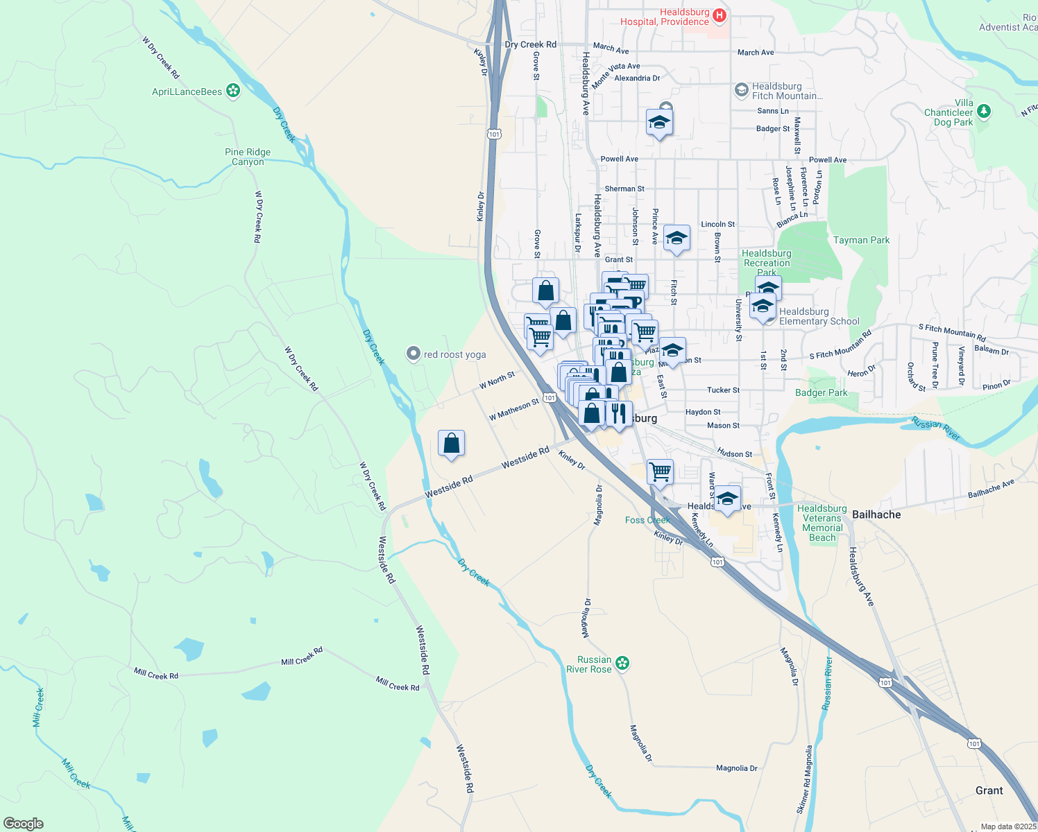 map of restaurants, bars, coffee shops, grocery stores, and more near 272 West Matheson Street in Healdsburg