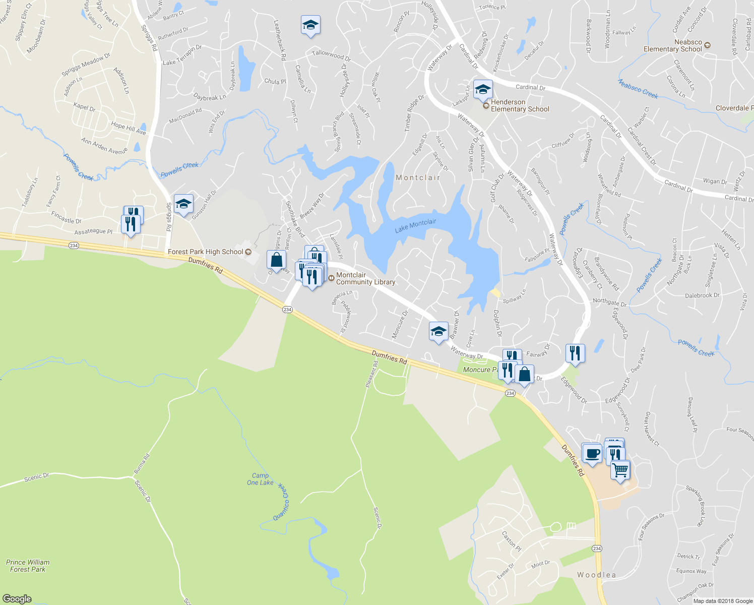 map of restaurants, bars, coffee shops, grocery stores, and more near 15861 Montview Drive in Dumfries