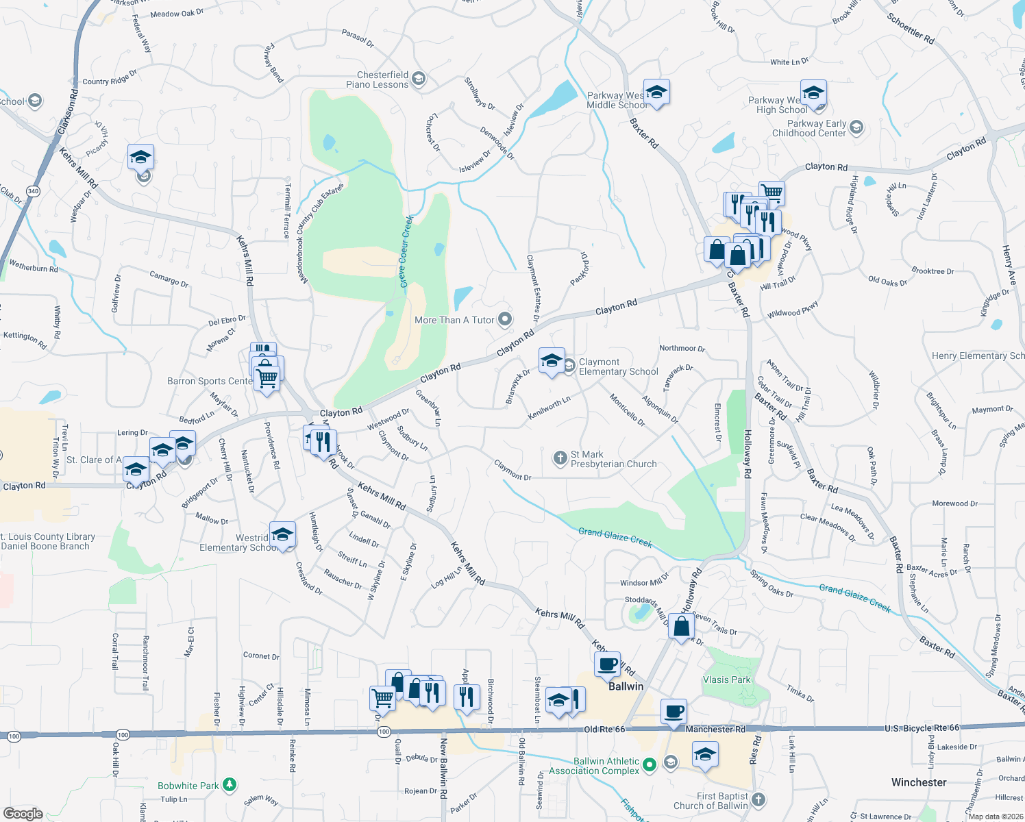 map of restaurants, bars, coffee shops, grocery stores, and more near 536 Briarwyck Drive in Ballwin