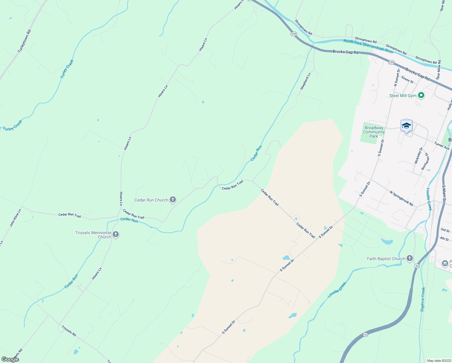 map of restaurants, bars, coffee shops, grocery stores, and more near 5970 Cedar Run Trail in Broadway