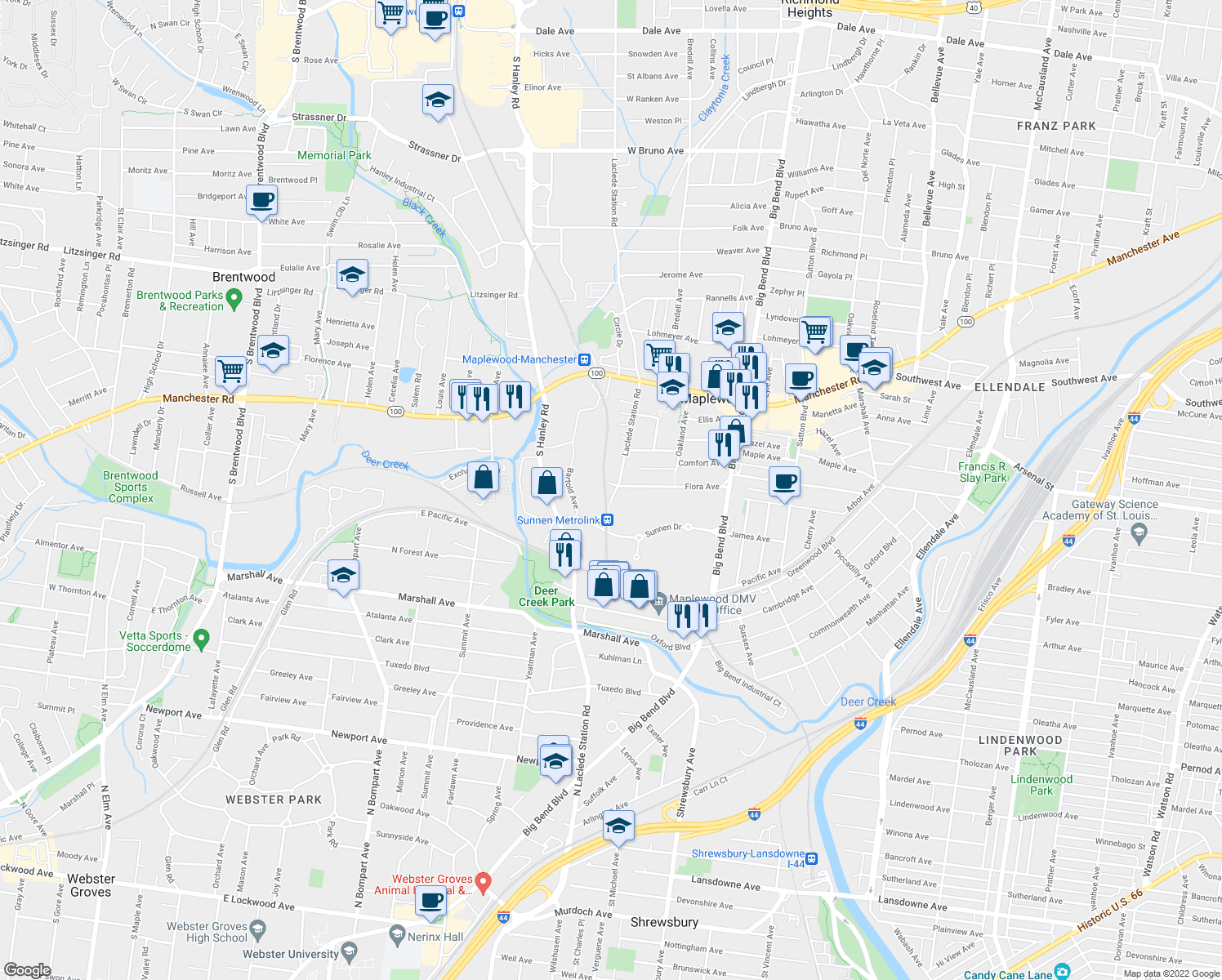 map of restaurants, bars, coffee shops, grocery stores, and more near 3001 Laclede Station Road in St. Louis