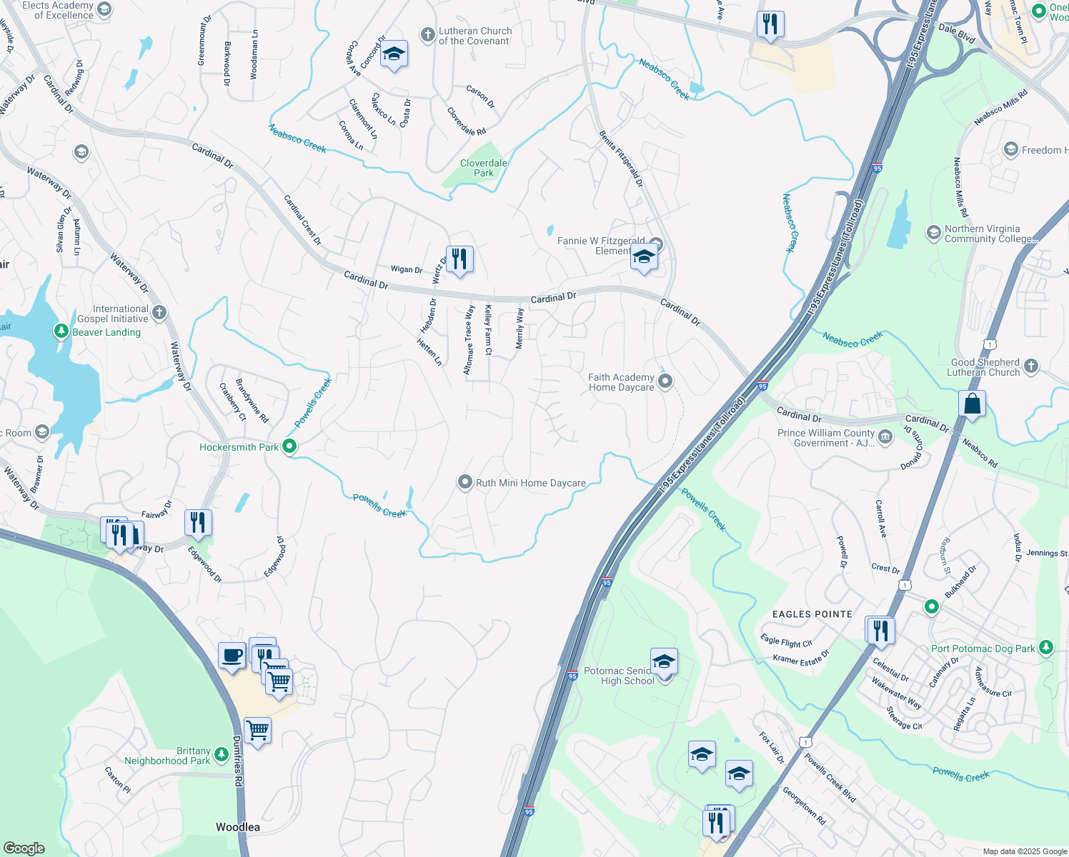 map of restaurants, bars, coffee shops, grocery stores, and more near 15791 Beau Ridge Drive in Woodbridge