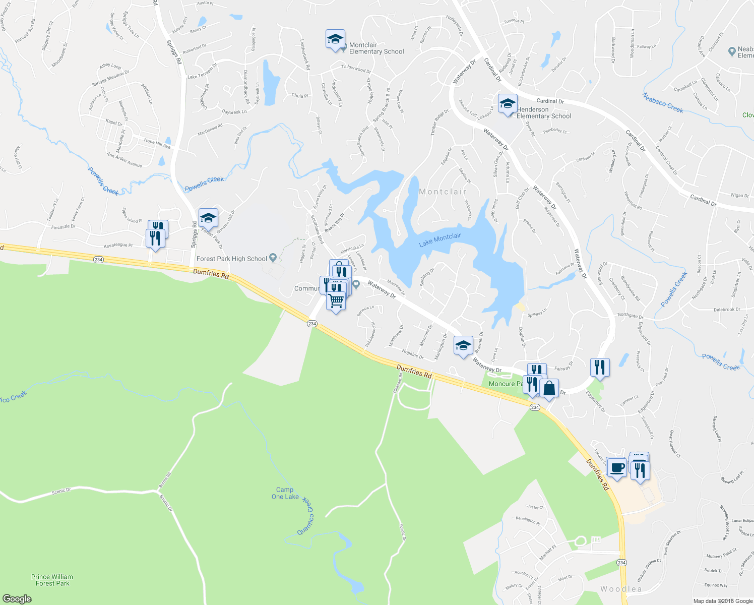 map of restaurants, bars, coffee shops, grocery stores, and more near 4869 Benecia Lane in Dumfries