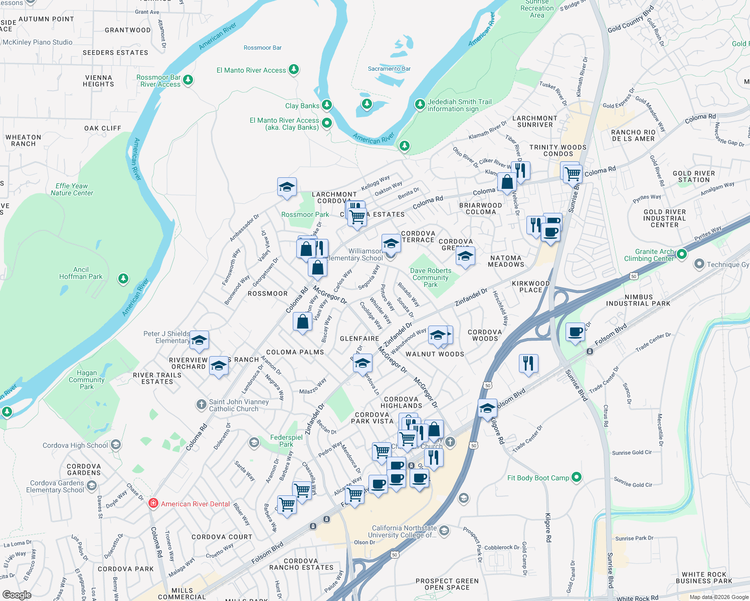 map of restaurants, bars, coffee shops, grocery stores, and more near 2207 Whistler Way in Rancho Cordova