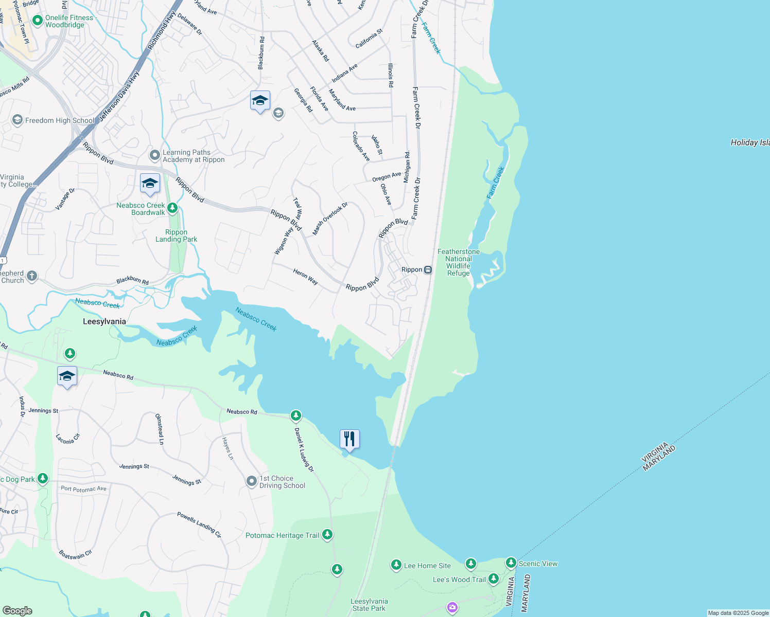 map of restaurants, bars, coffee shops, grocery stores, and more near 1385 Cranes Bill Way in Woodbridge