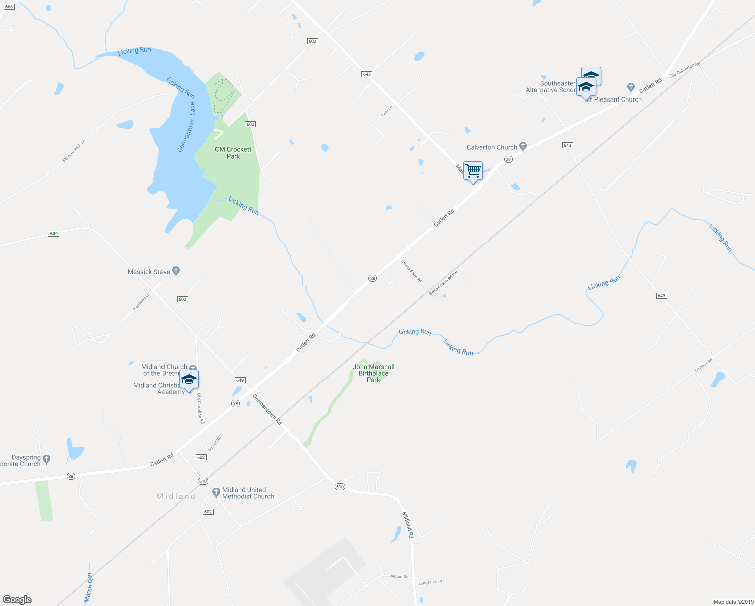 map of restaurants, bars, coffee shops, grocery stores, and more near 5047 Catlett Road in Midland