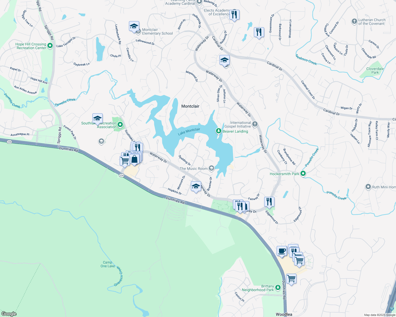 map of restaurants, bars, coffee shops, grocery stores, and more near 15801 Moncure Dr in Dumfries