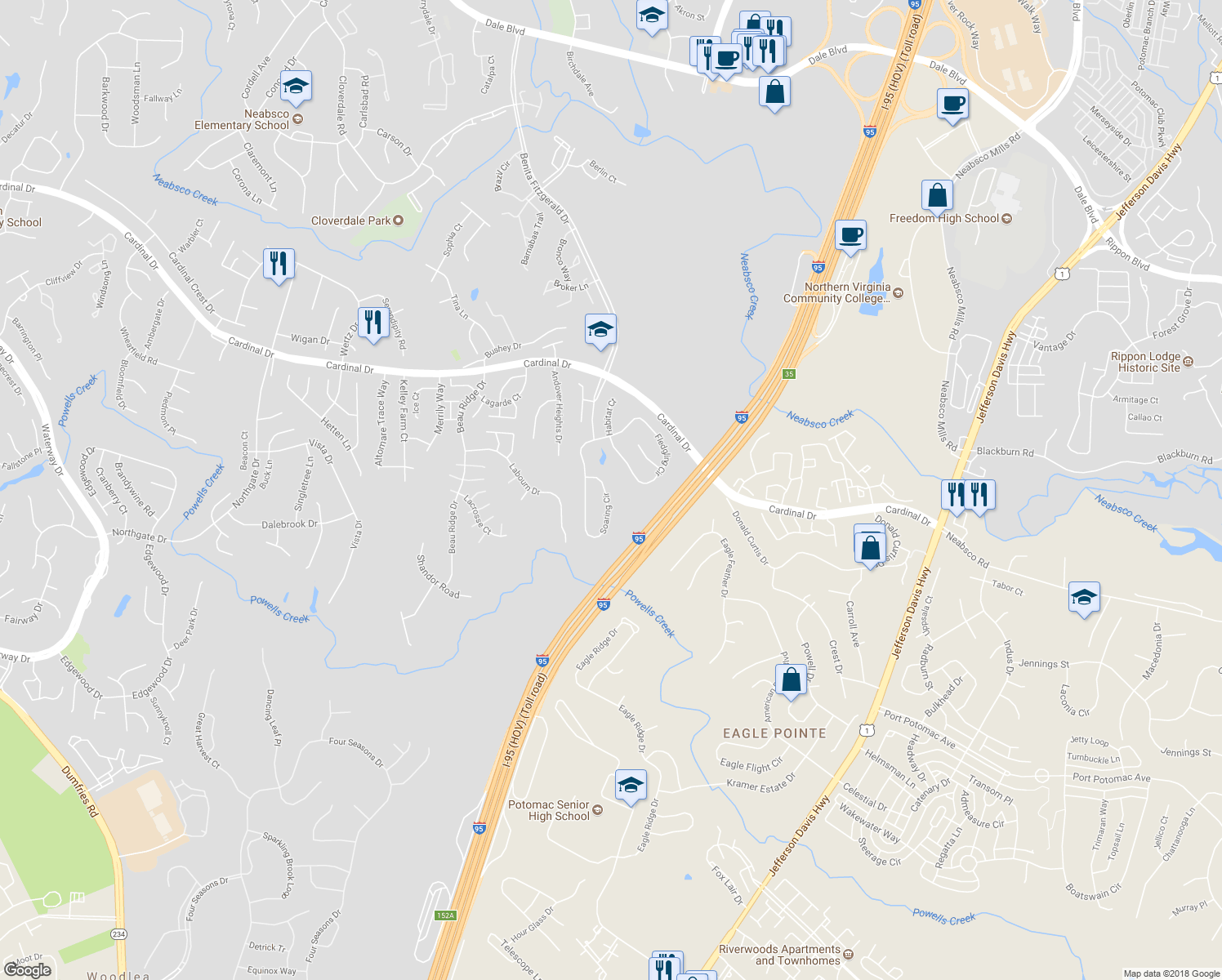map of restaurants, bars, coffee shops, grocery stores, and more near 3424 Soaring Circle in Woodbridge