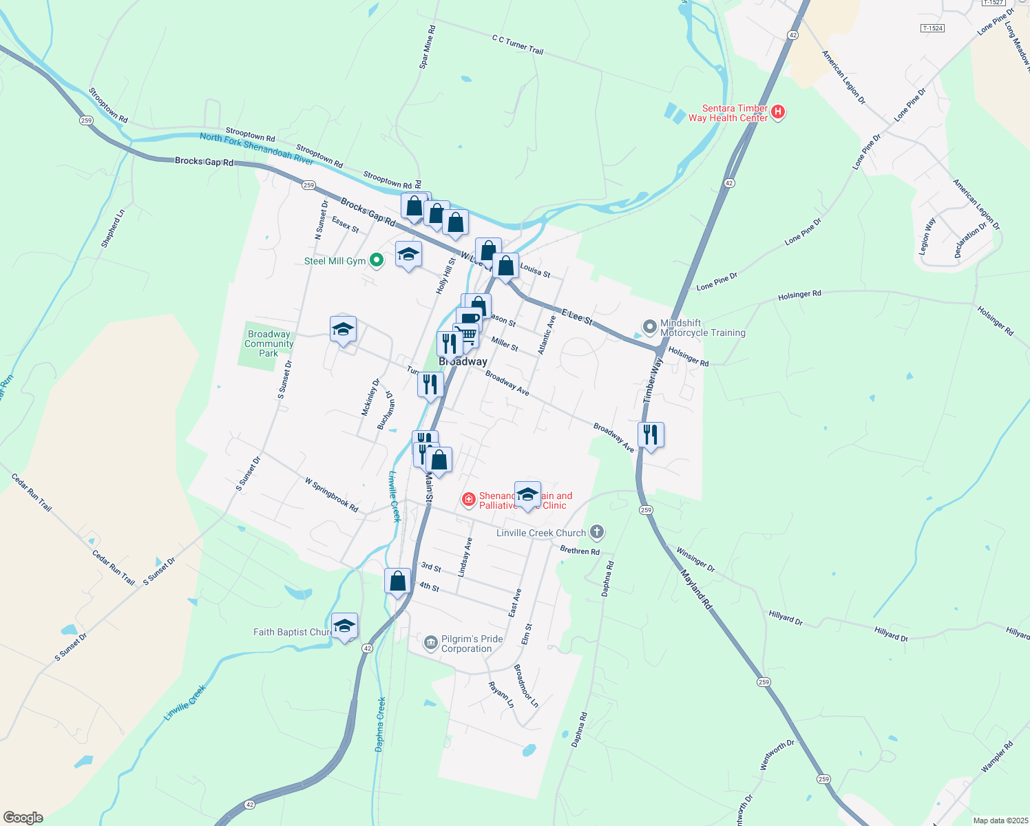 map of restaurants, bars, coffee shops, grocery stores, and more near 140 Olivia Dawn Lane in Broadway