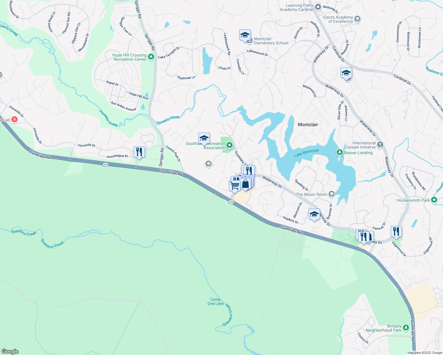 map of restaurants, bars, coffee shops, grocery stores, and more near 5134 Olivia Way in Dumfries
