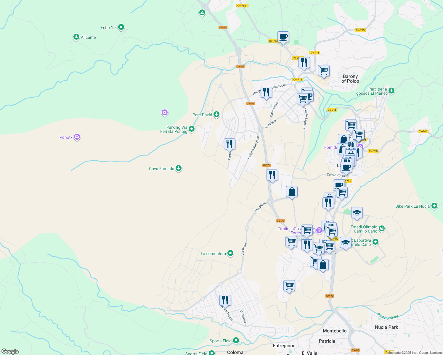 map of restaurants, bars, coffee shops, grocery stores, and more near 119 Carrer Bernia in Polop