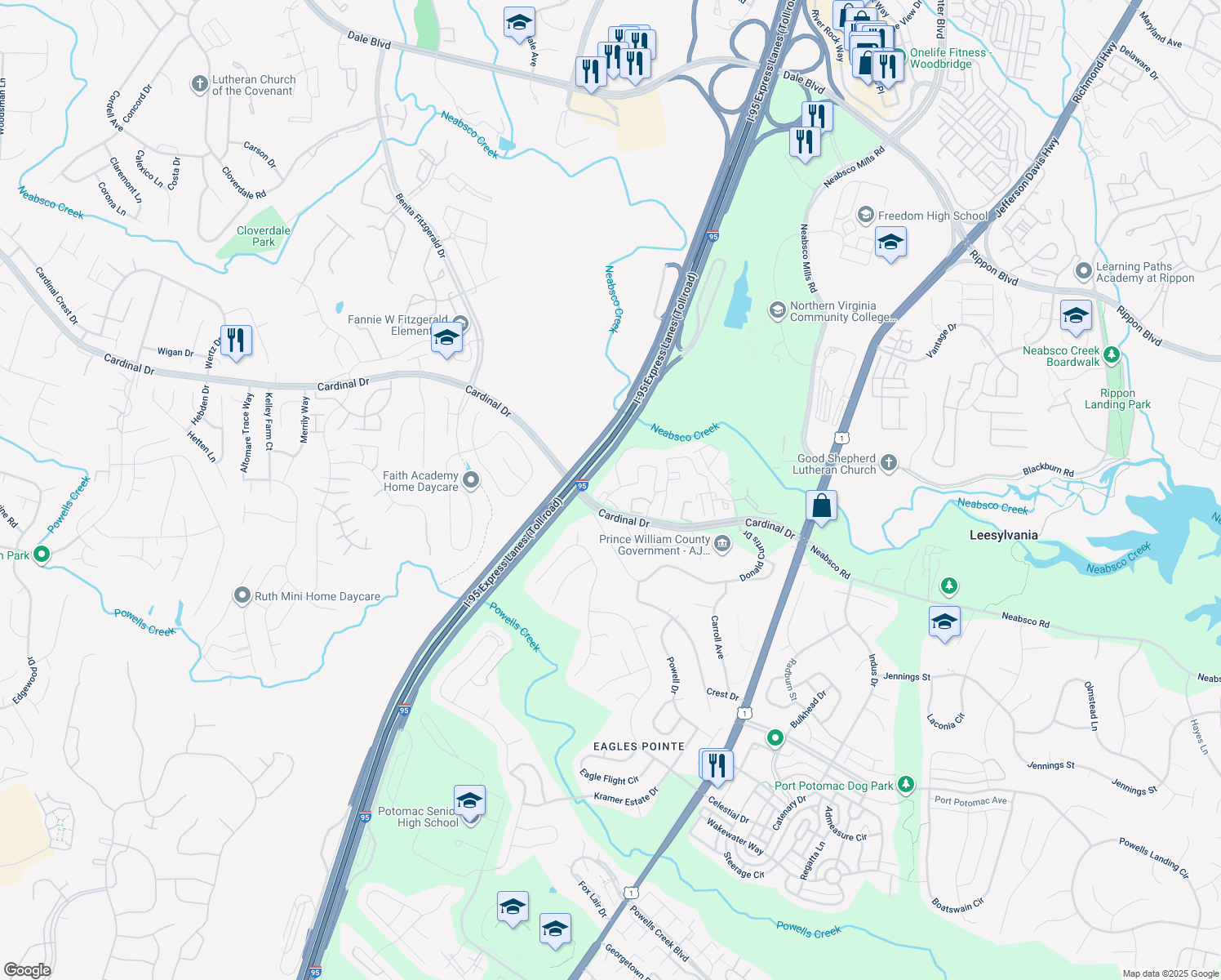 map of restaurants, bars, coffee shops, grocery stores, and more near 15760 Nimes Court in Woodbridge