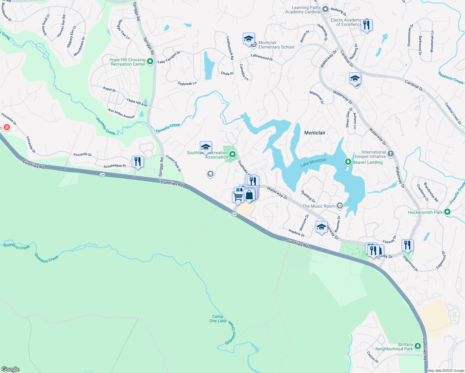 map of restaurants, bars, coffee shops, grocery stores, and more near 5118 Olivia Way in Dumfries