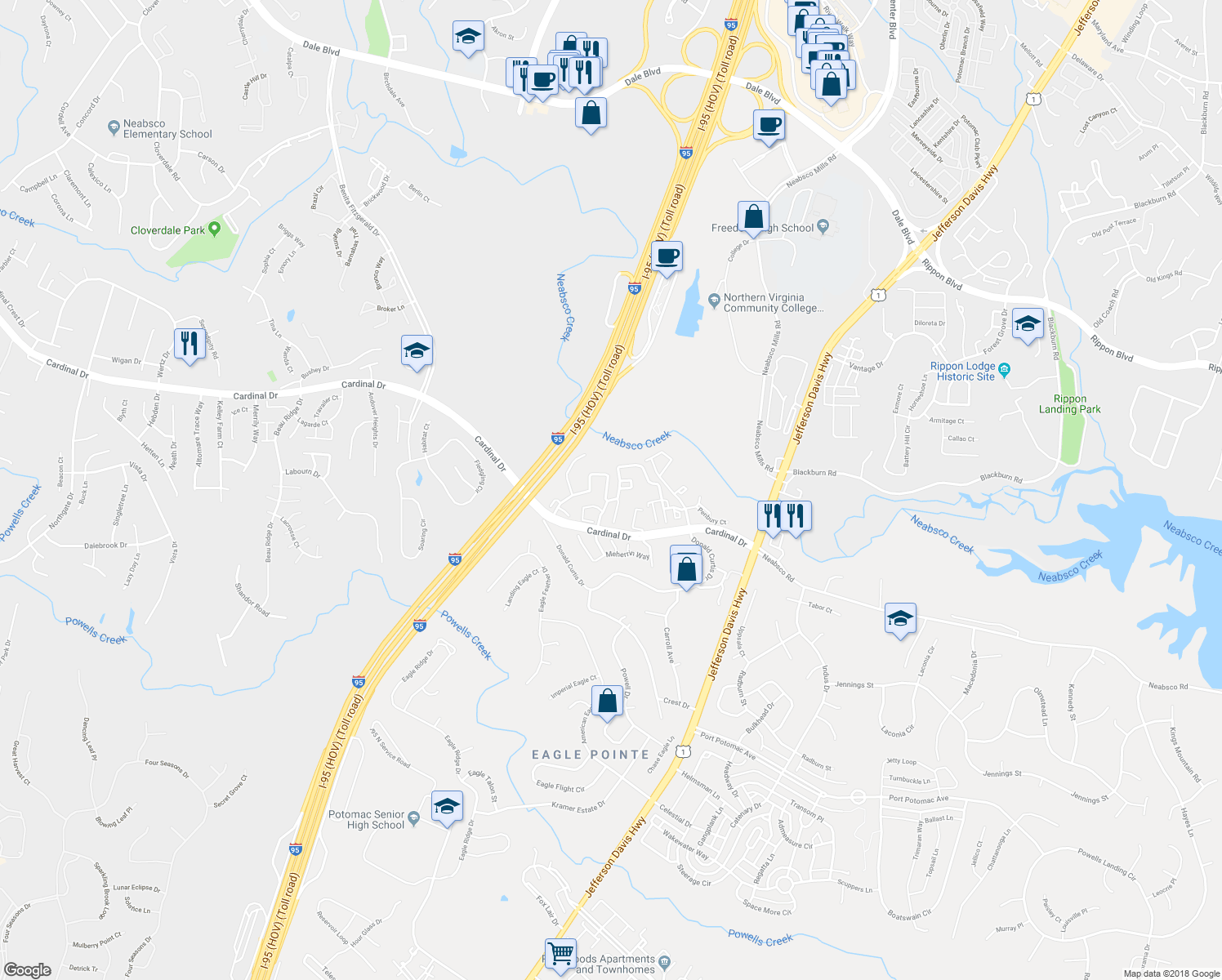 map of restaurants, bars, coffee shops, grocery stores, and more near 2908 Stockholm Way in Woodbridge