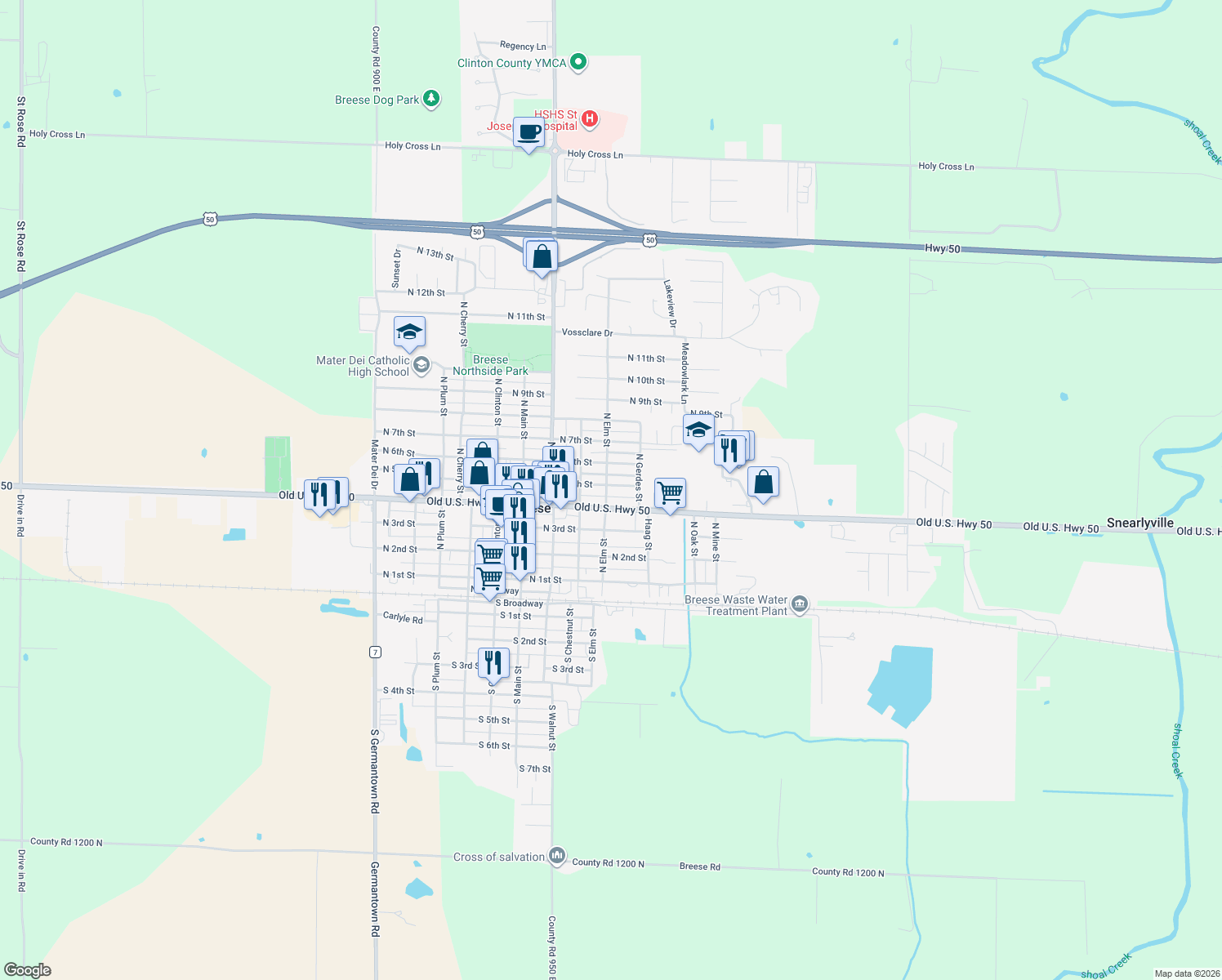 map of restaurants, bars, coffee shops, grocery stores, and more near 498 North Elm Street in Breese