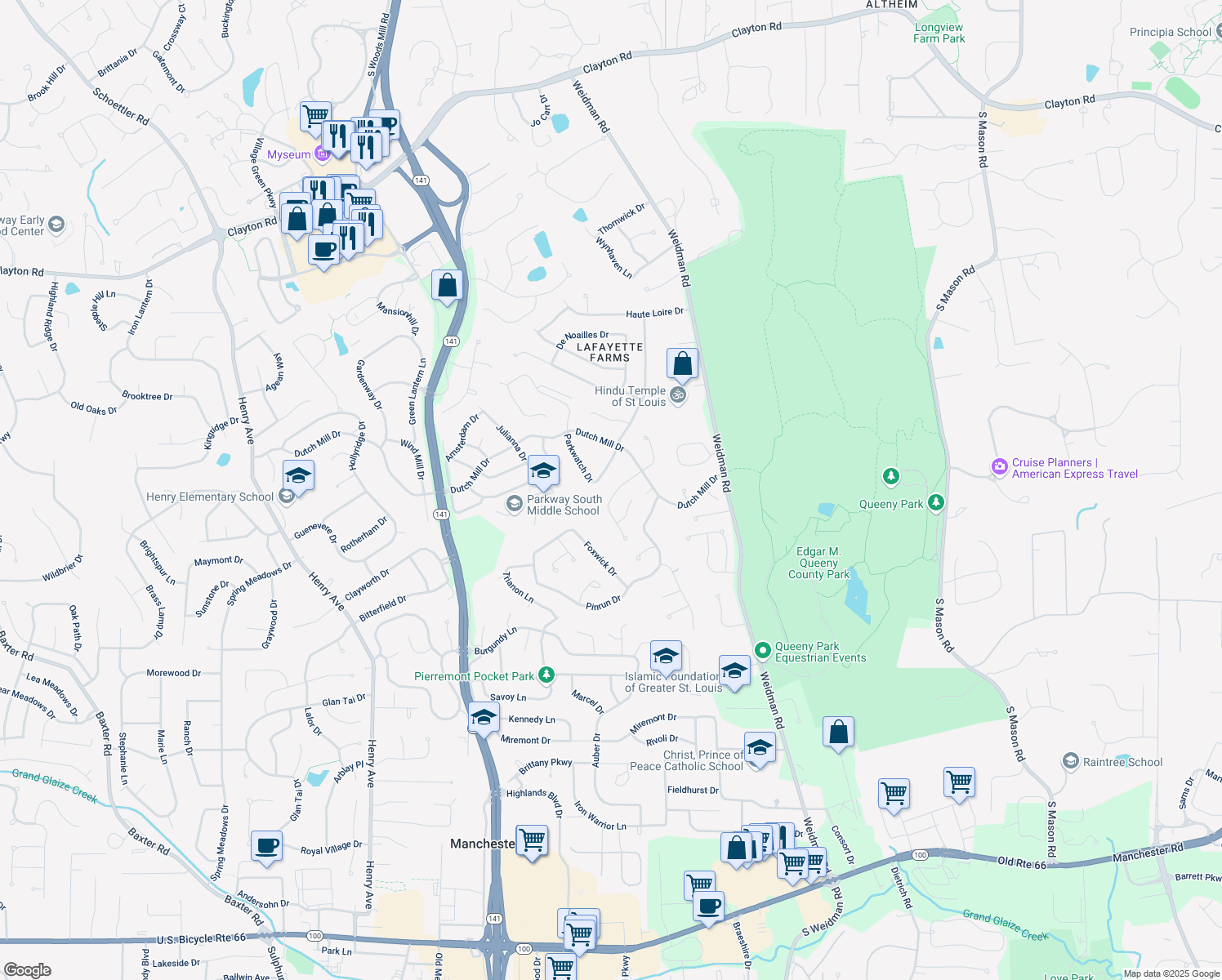 map of restaurants, bars, coffee shops, grocery stores, and more near 1259 Autumn Wood Circle in Ballwin