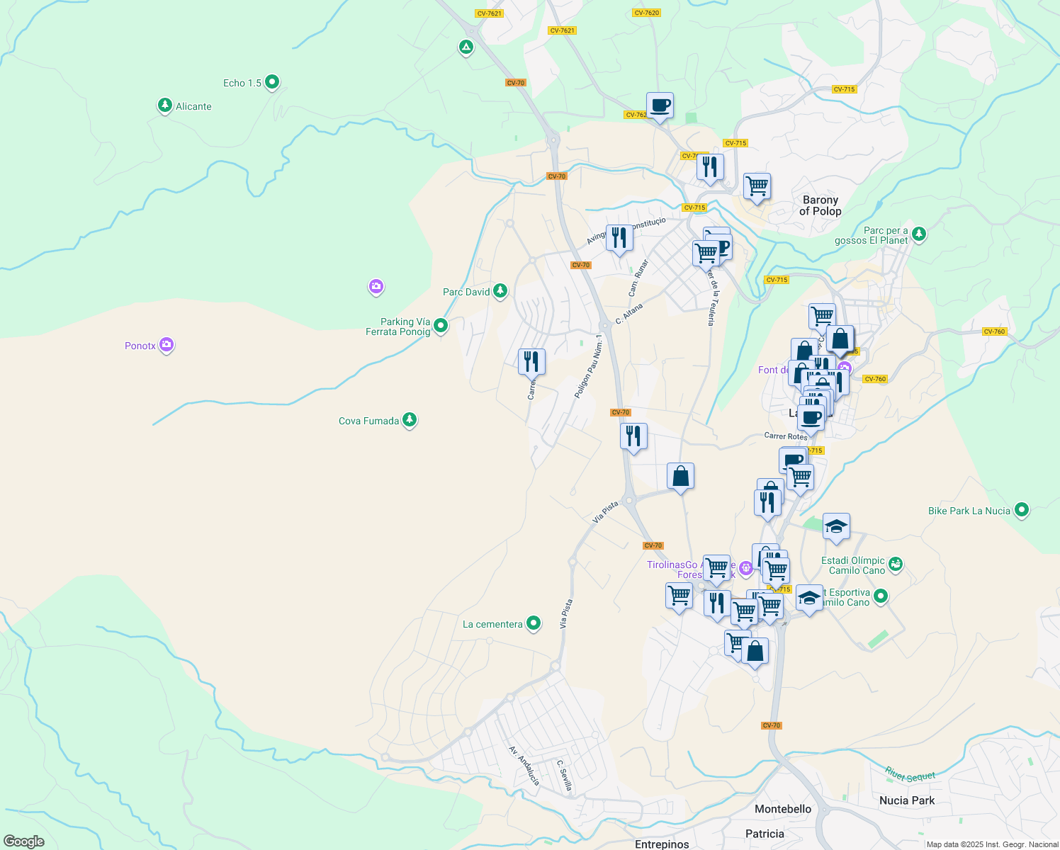 map of restaurants, bars, coffee shops, grocery stores, and more near 119 Carrer Bernia in Polop