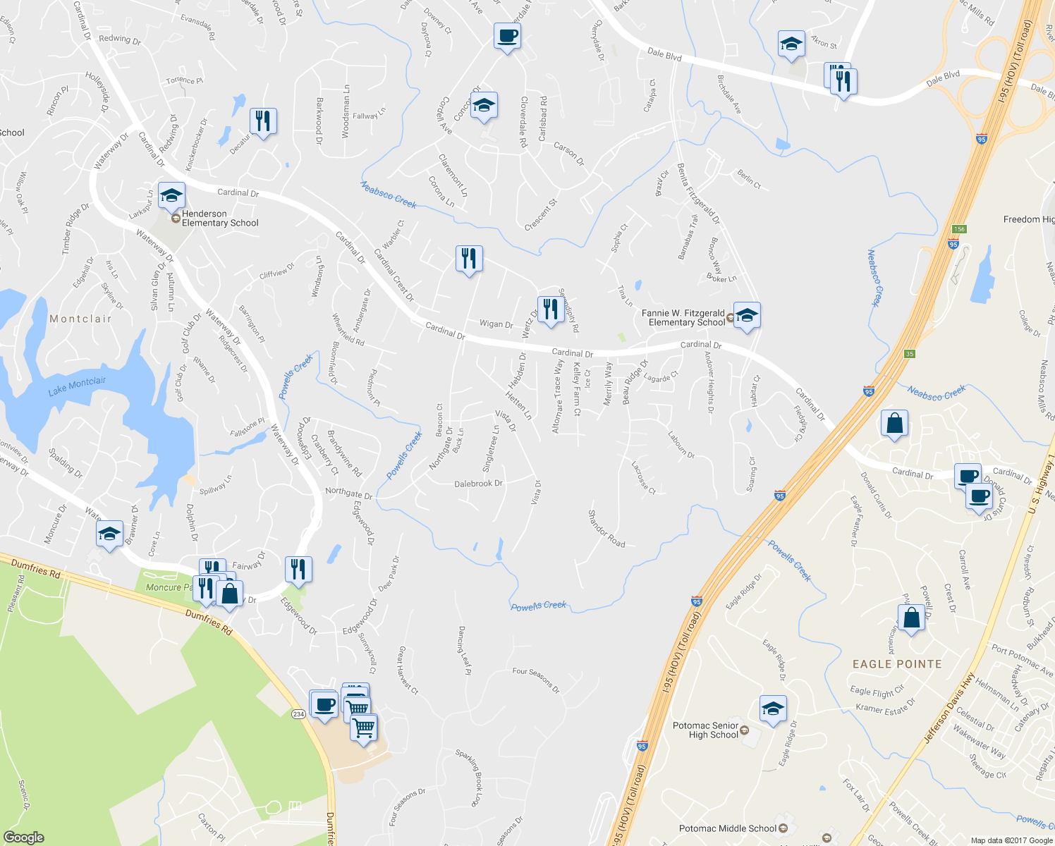 map of restaurants, bars, coffee shops, grocery stores, and more near 3697 Hetten Lane in Woodbridge