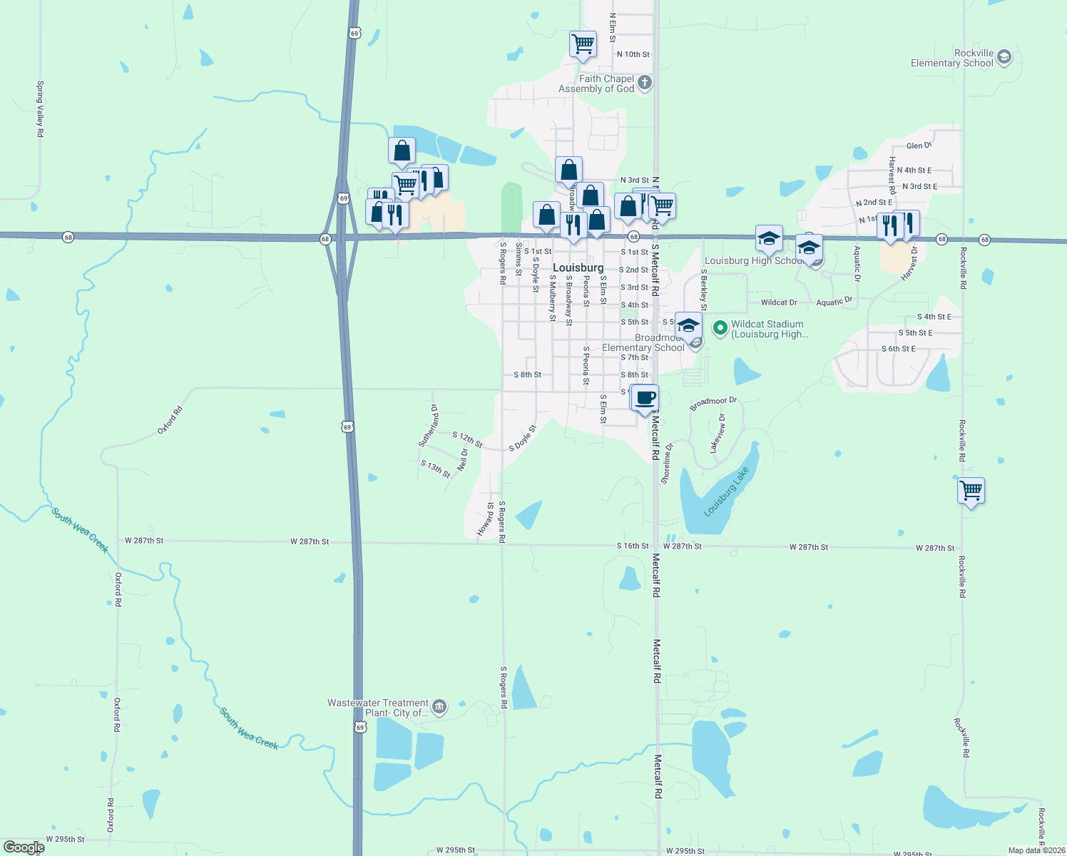 map of restaurants, bars, coffee shops, grocery stores, and more near 1101 South Doyle Street in Louisburg