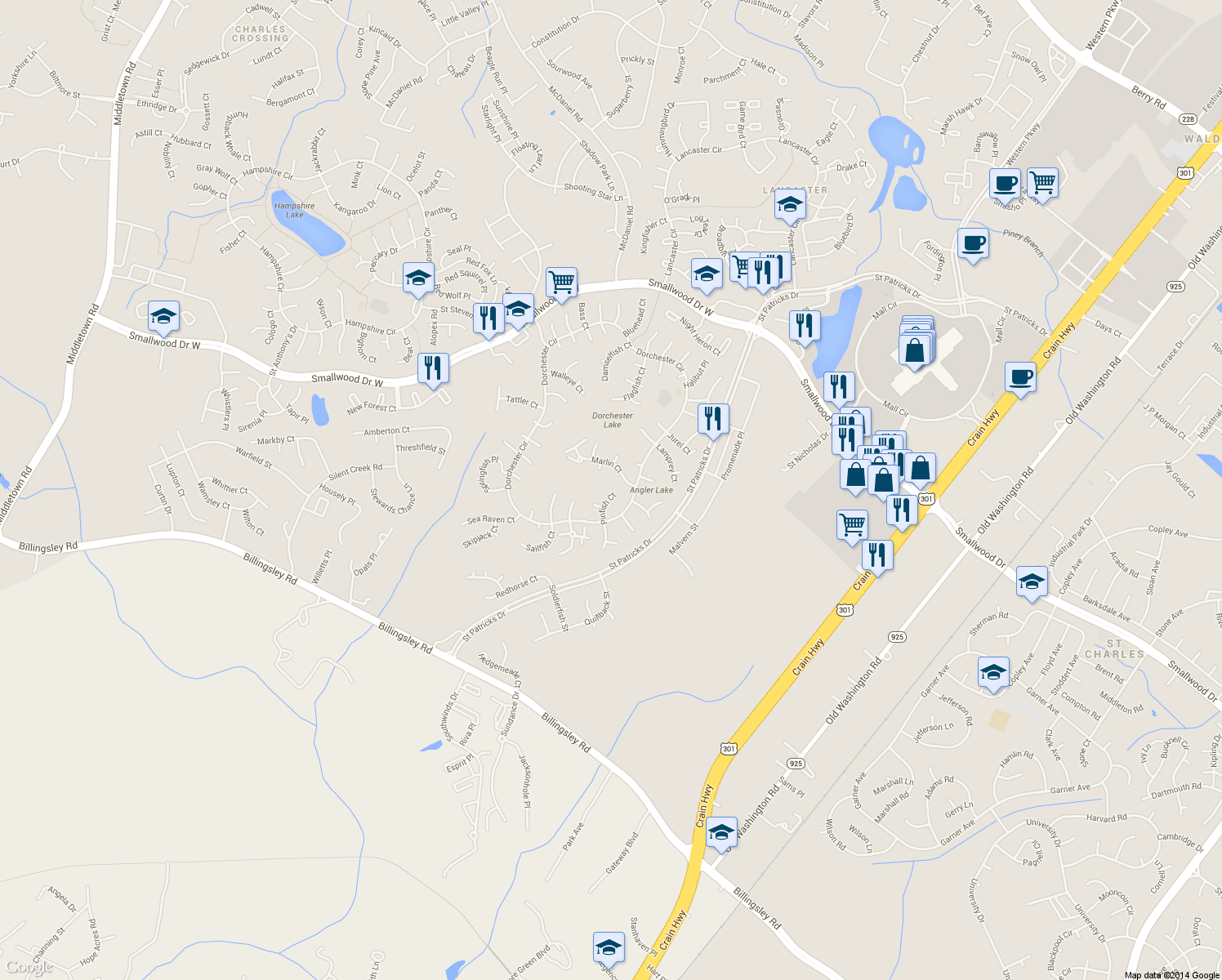 map of restaurants, bars, coffee shops, grocery stores, and more near 5610 Pinfish Court in Waldorf