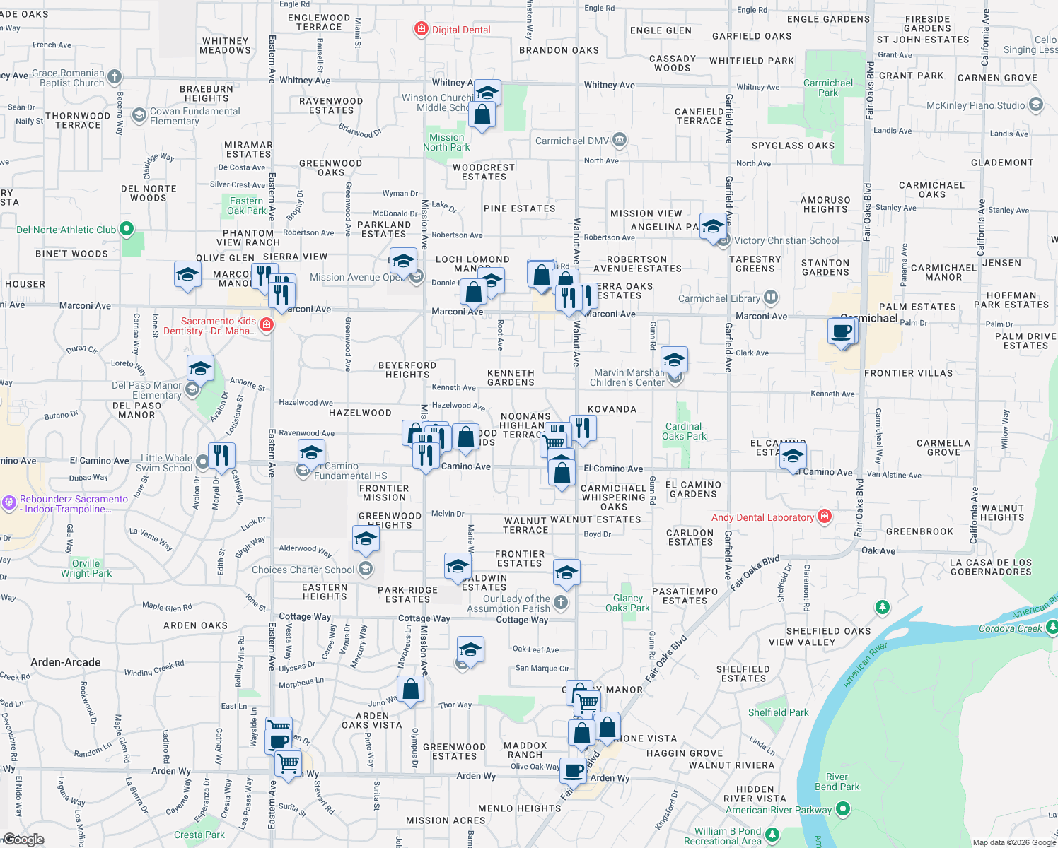 map of restaurants, bars, coffee shops, grocery stores, and more near 2560 La France Dr in Carmichael