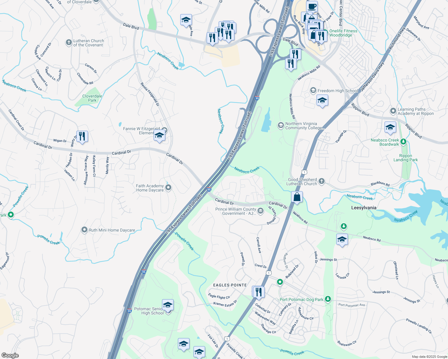 map of restaurants, bars, coffee shops, grocery stores, and more near 15683 Palermo Terrace in Woodbridge