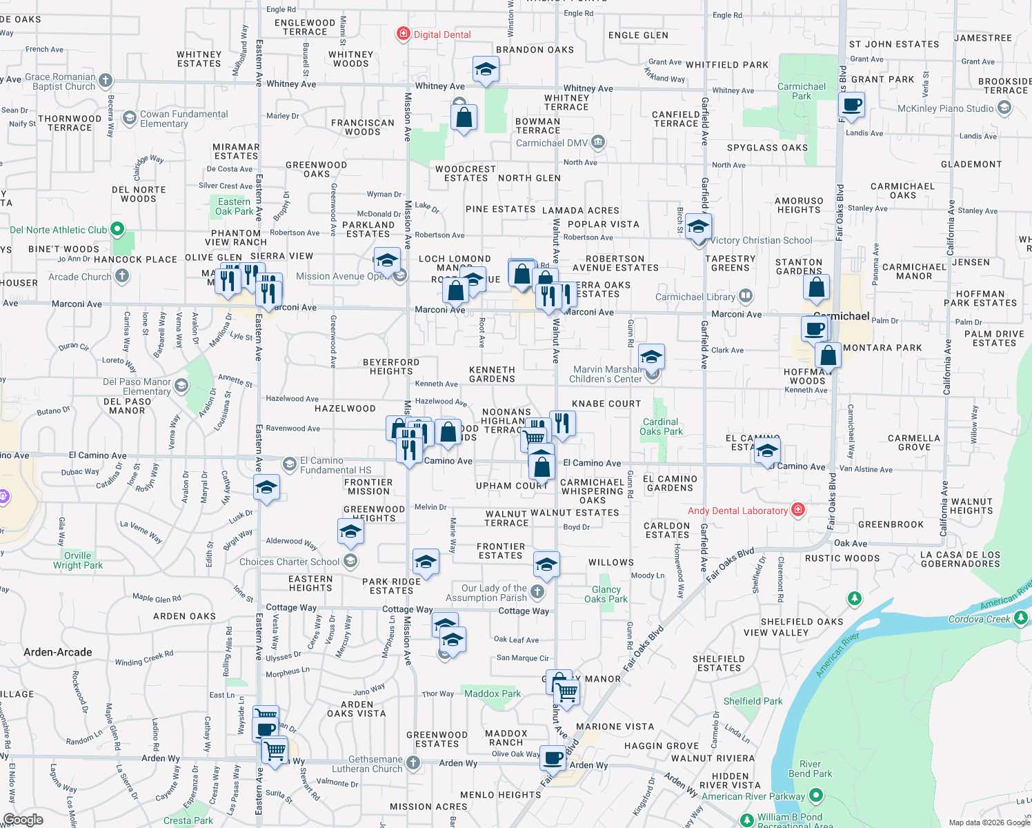 map of restaurants, bars, coffee shops, grocery stores, and more near 4971 Francis Way in Carmichael