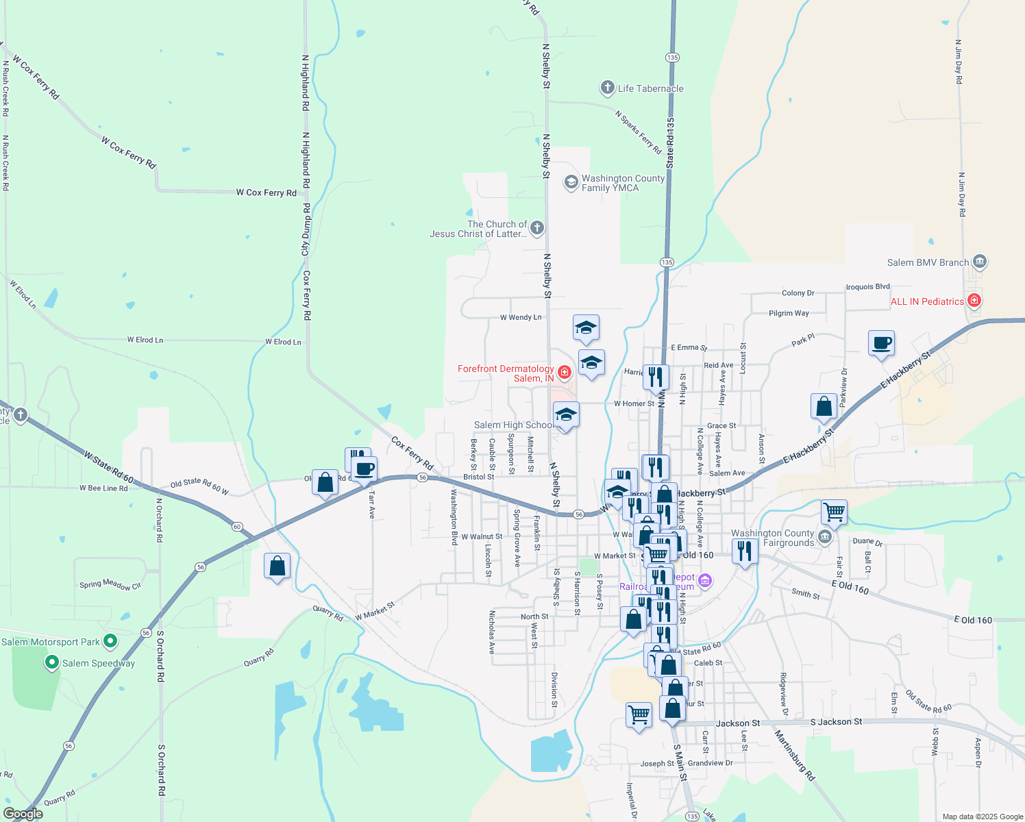 map of restaurants, bars, coffee shops, grocery stores, and more near 106 Hungate Street in Salem