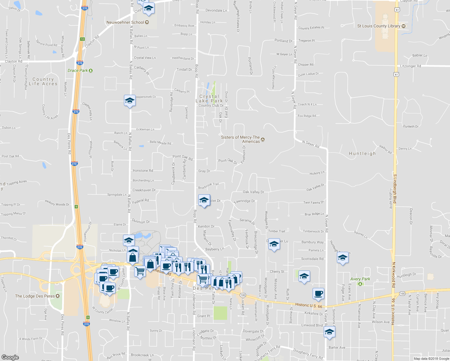 map of restaurants, bars, coffee shops, grocery stores, and more near 13 Briarbrook Trail in Des Peres
