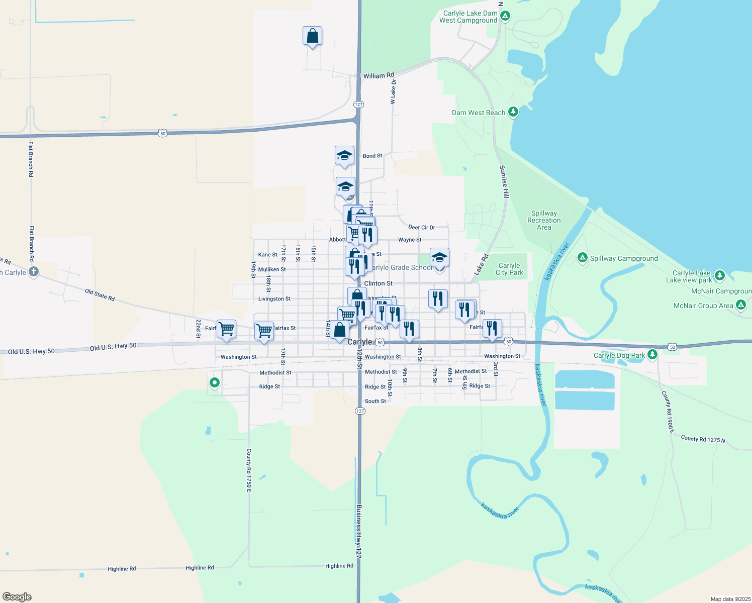 map of restaurants, bars, coffee shops, grocery stores, and more near 790 11th Street in Carlyle