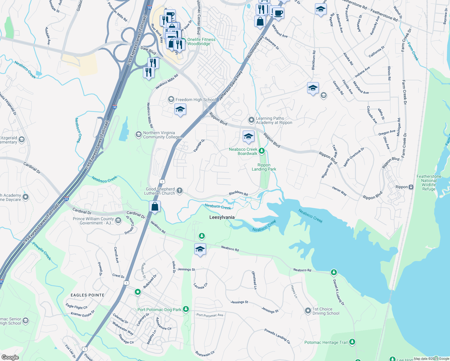 map of restaurants, bars, coffee shops, grocery stores, and more near 2119 Callao Court in Woodbridge