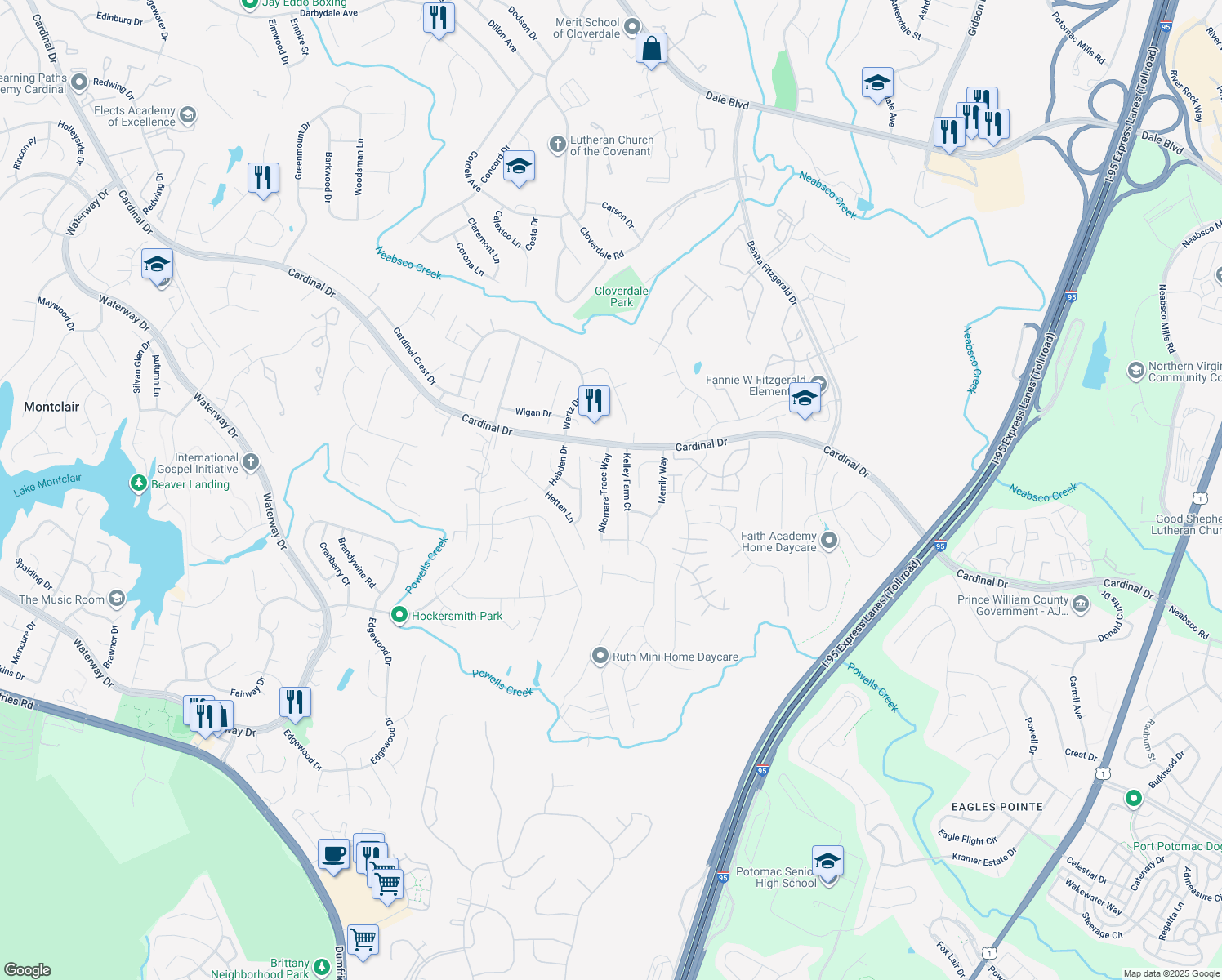 map of restaurants, bars, coffee shops, grocery stores, and more near 15633 Altomare Trace Way in Woodbridge