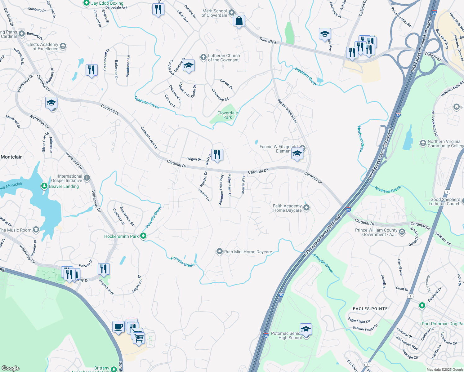 map of restaurants, bars, coffee shops, grocery stores, and more near 15523 Kelley Farm Court in Woodbridge